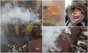 „Ia uitaţi ce arde blocul!” Imagini dramatice de la incendiul din Chiajna: oamenii privesc înlăcrimaţi cum flăcările şi fumul gros le înghit apartamentele